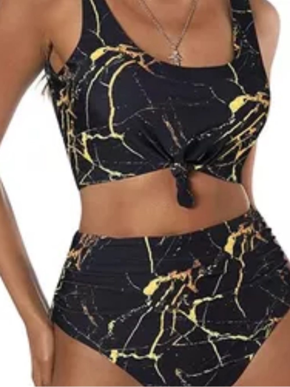 Black Marble Print Two-Piece Swim Set - Yellow Accents high waist